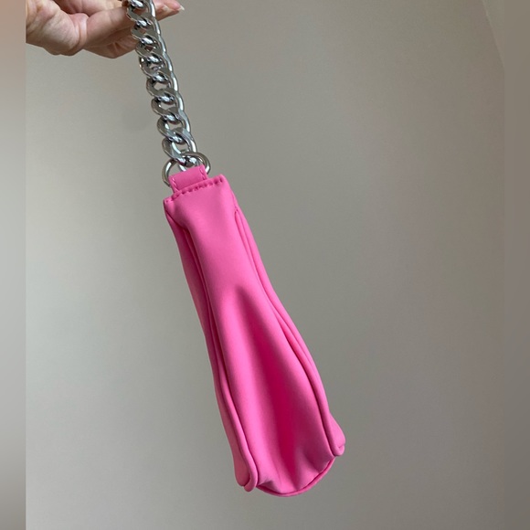 Nylon Curved 90s Shoulder Bag Purse Handbag with Silver Chain Strap Pink - Picture 5 of 12